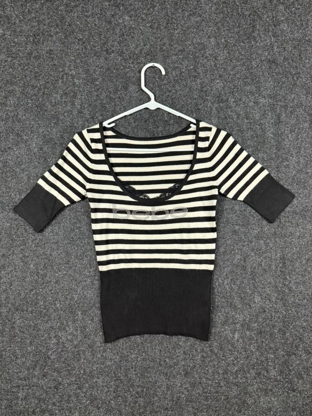 Bebe Black Ivory Striped Rib Knit Sweater Top Rhinestone Logo Lace Trim Women's
